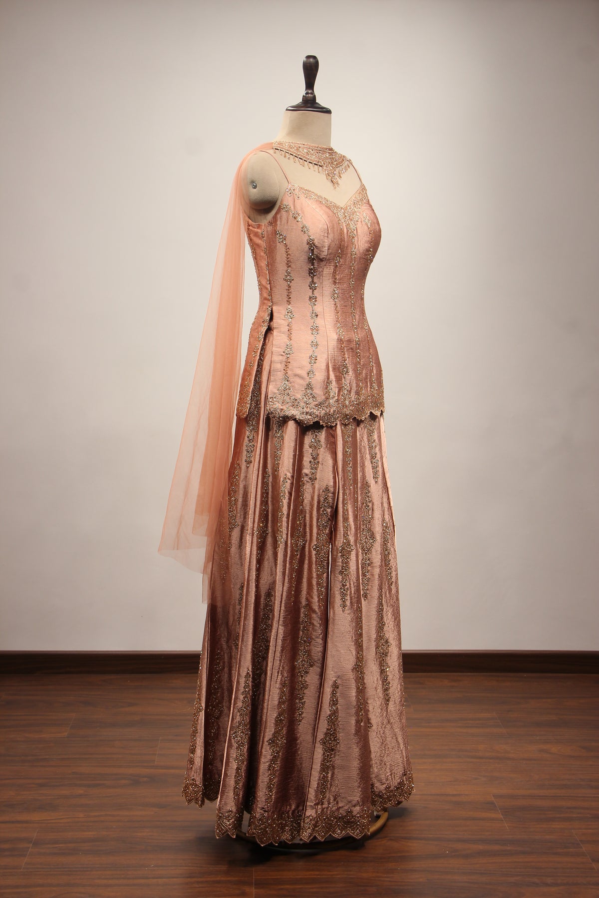 Peach Satin Sharara Suit with Zardozi & Sequin Handwork Choker Dupatta – other side view