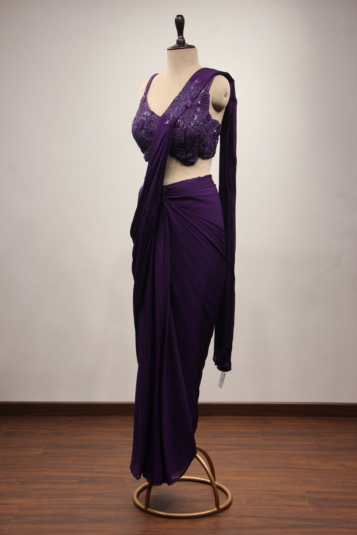 Crepe Purple Drape Saree with Bead & Sequin Handwork Crop Top