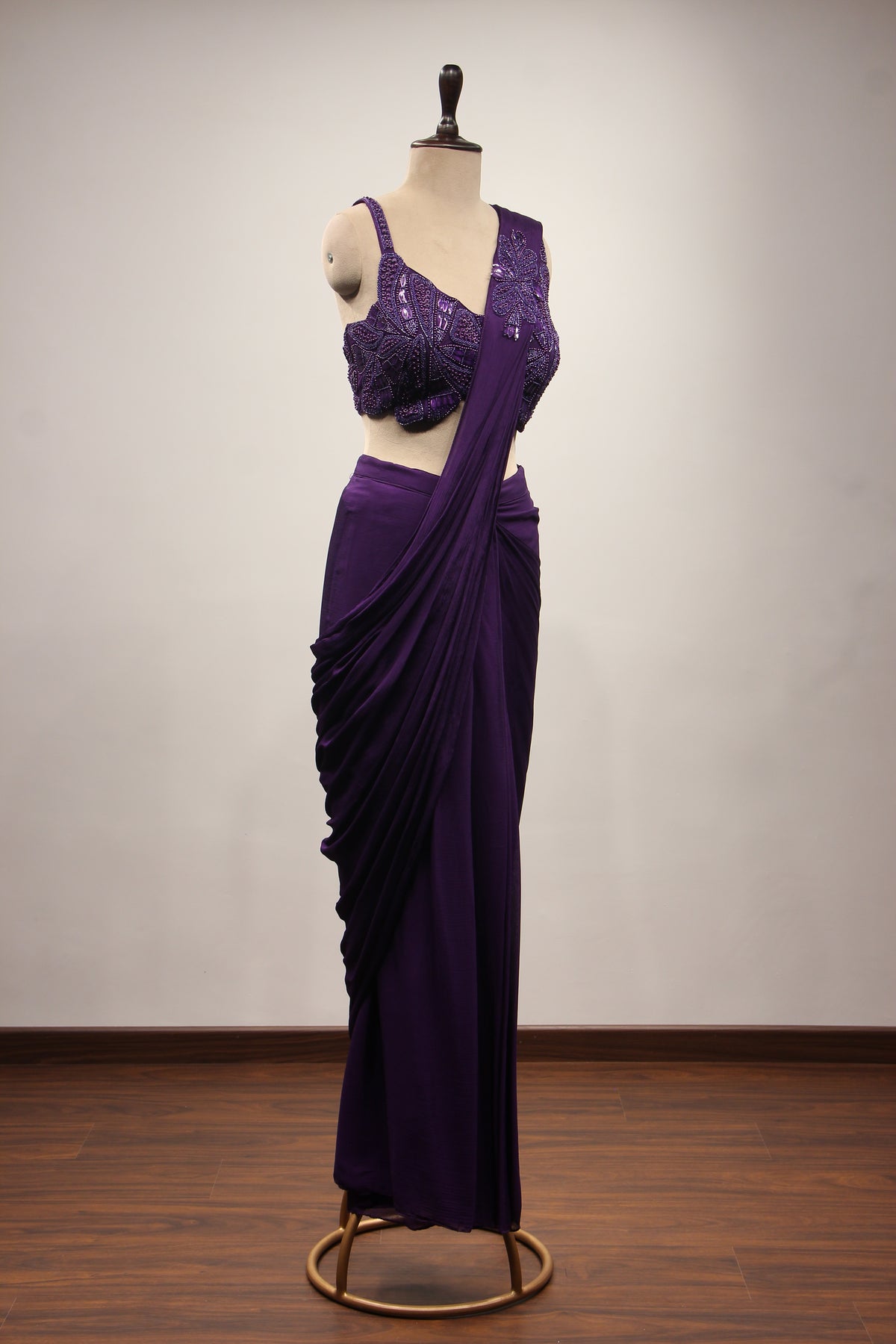 Crepe Purple Drape Saree with Bead & Sequin Handwork Crop Top