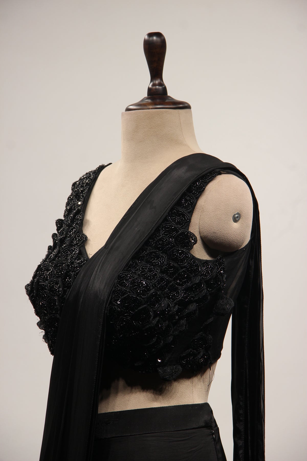 Crepe Black Drape Saree with Cut Dana & Sequin Handwork