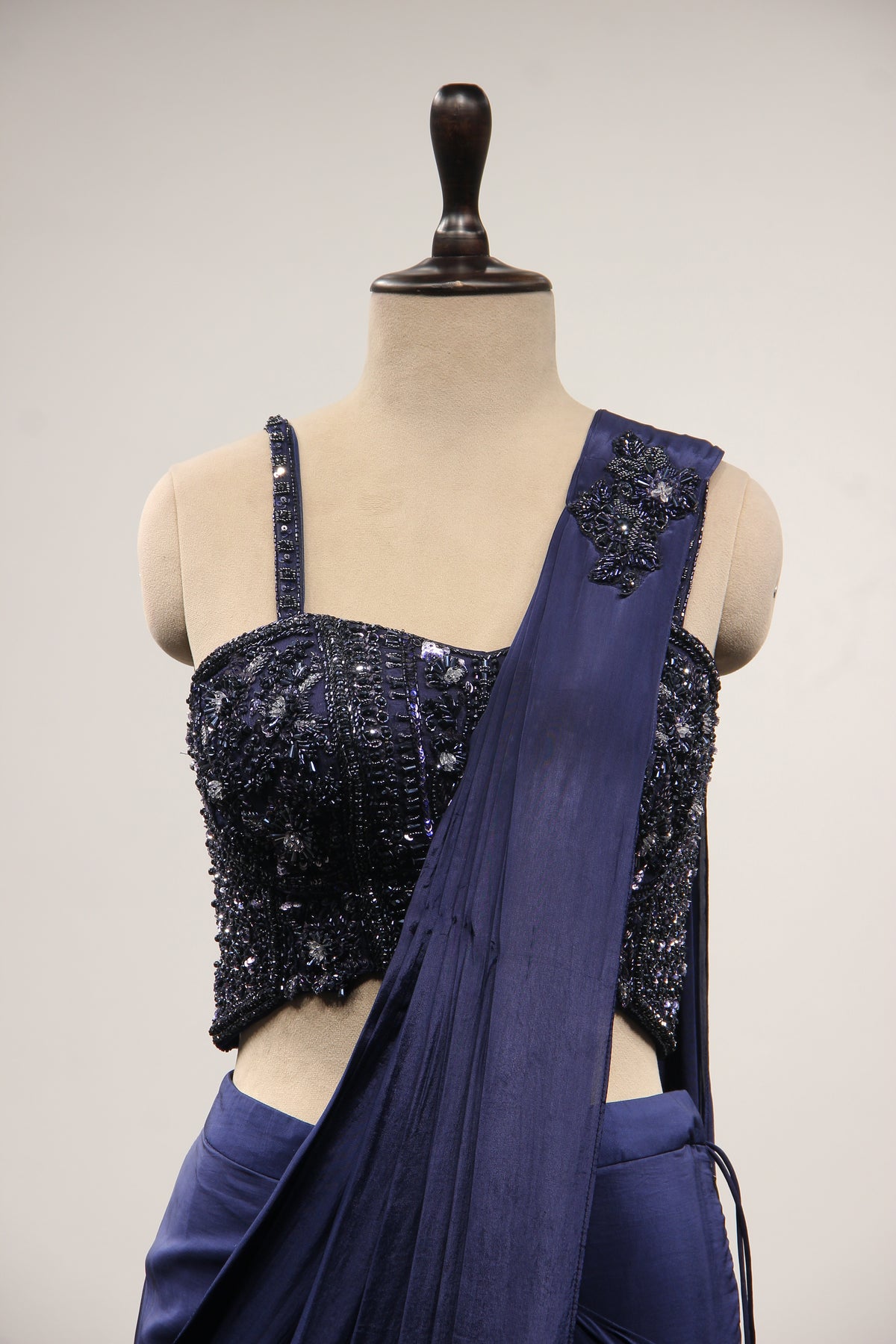 Crepe Navy Blue Drape Saree with Cut Dana & Sequin Handwork