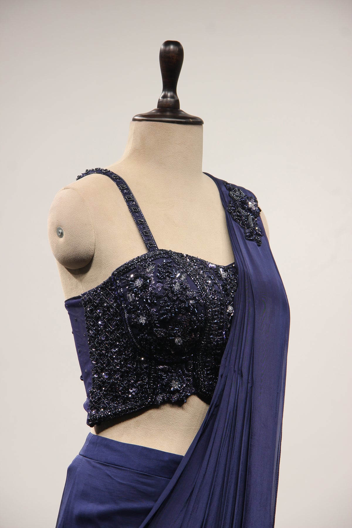 Crepe Navy Blue Drape Saree with Cut Dana & Sequin Handwork