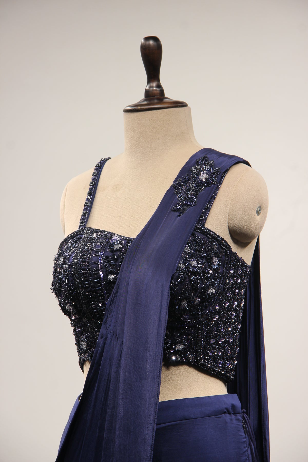 Crepe Navy Blue Drape Saree with Cut Dana & Sequin Handwork