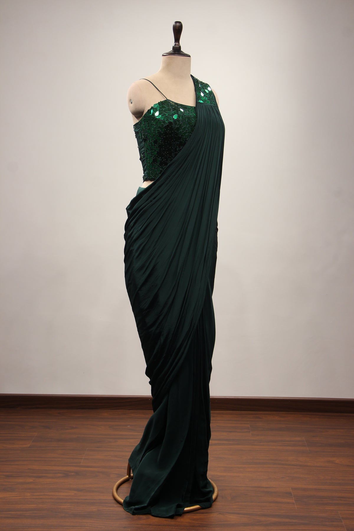 Bottle Green Crepe Drape Saree with Mirror & Bead Handwork Corset – other side view