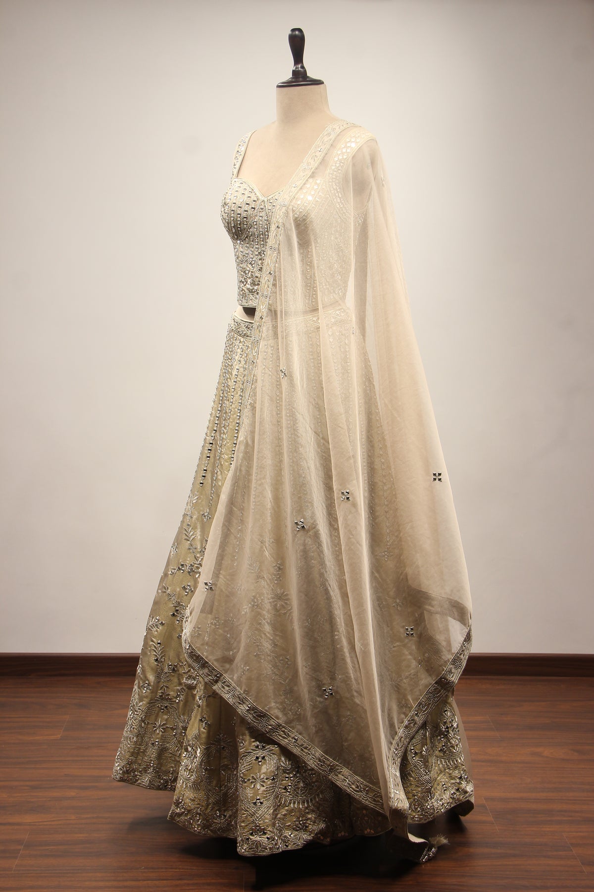 Grey Tissue Lehenga with Mirror & Zari Handwork Sweetheart Corset – side view