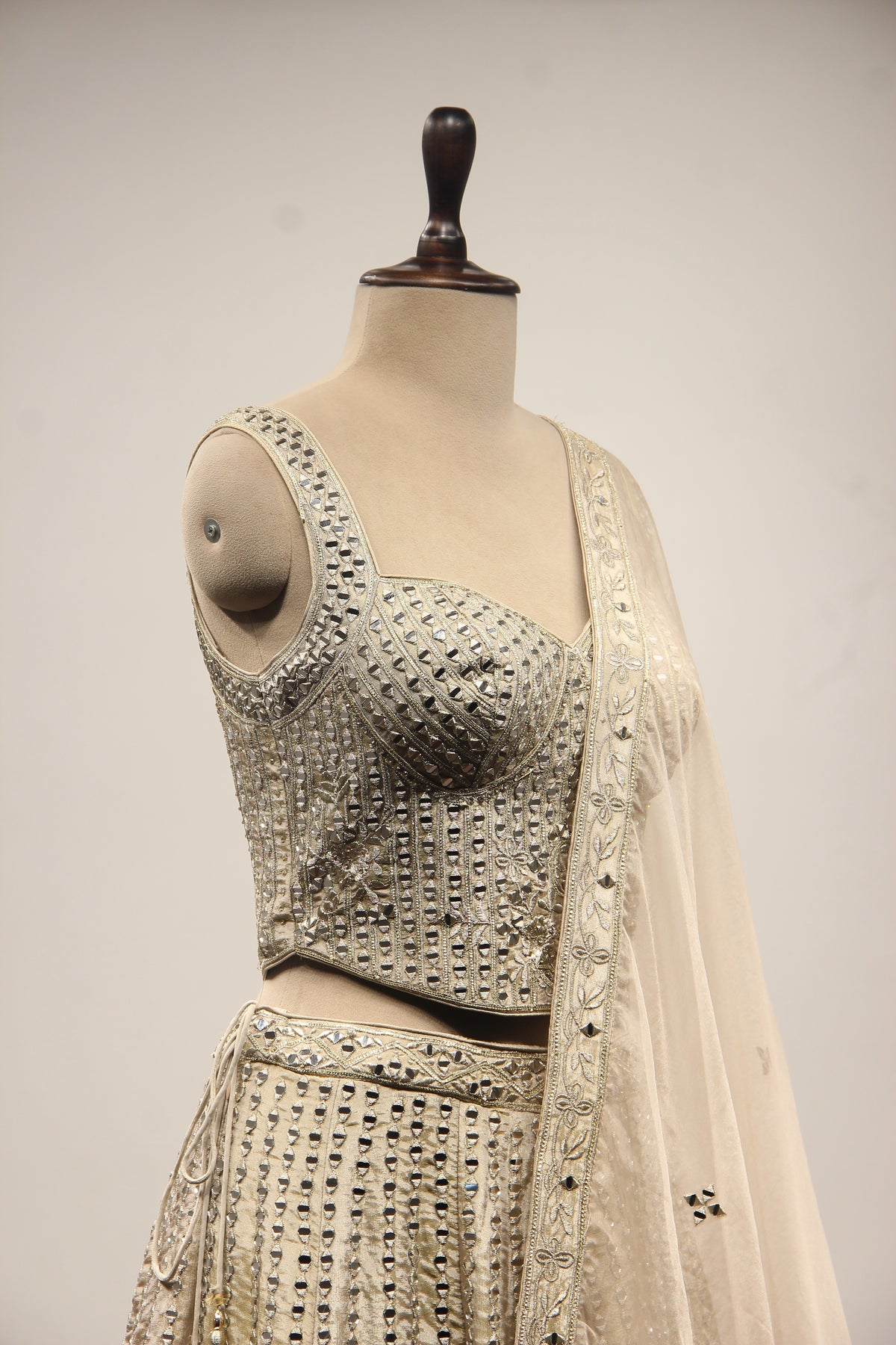 Grey Tissue Lehenga with Mirror & Zari Handwork Sweetheart Corset – other side close-up