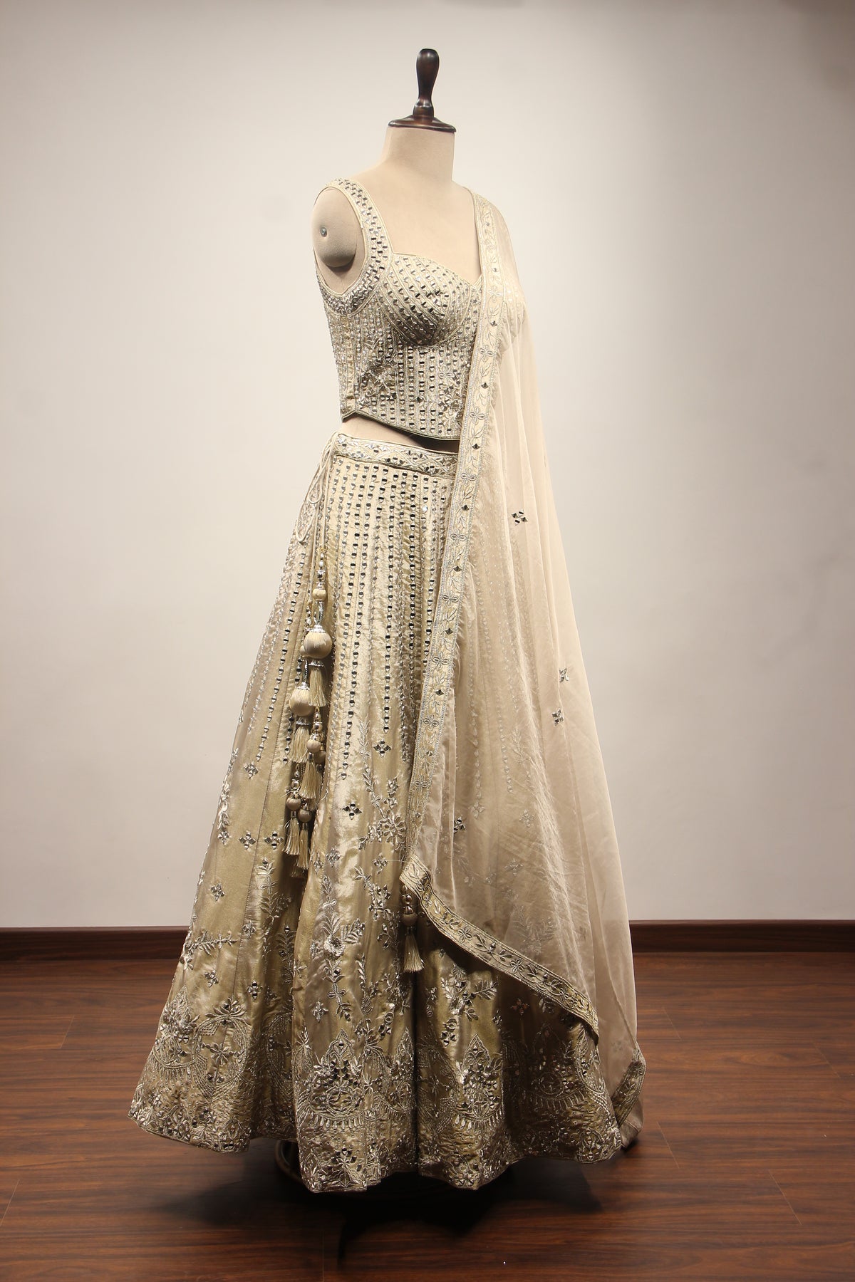 Grey Tissue Lehenga with Mirror & Zari Handwork Sweetheart Corset – other side view
