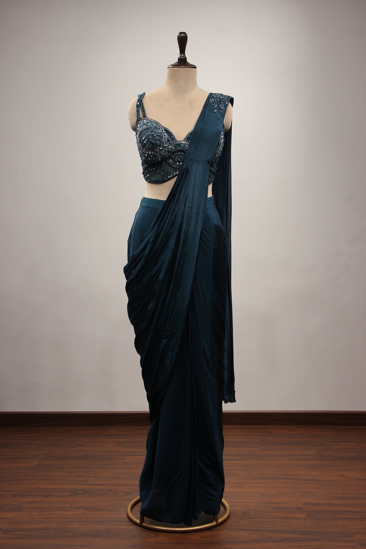 Crepe Dusty Blue Drape Saree with Cut Dana & Sequin Handwork