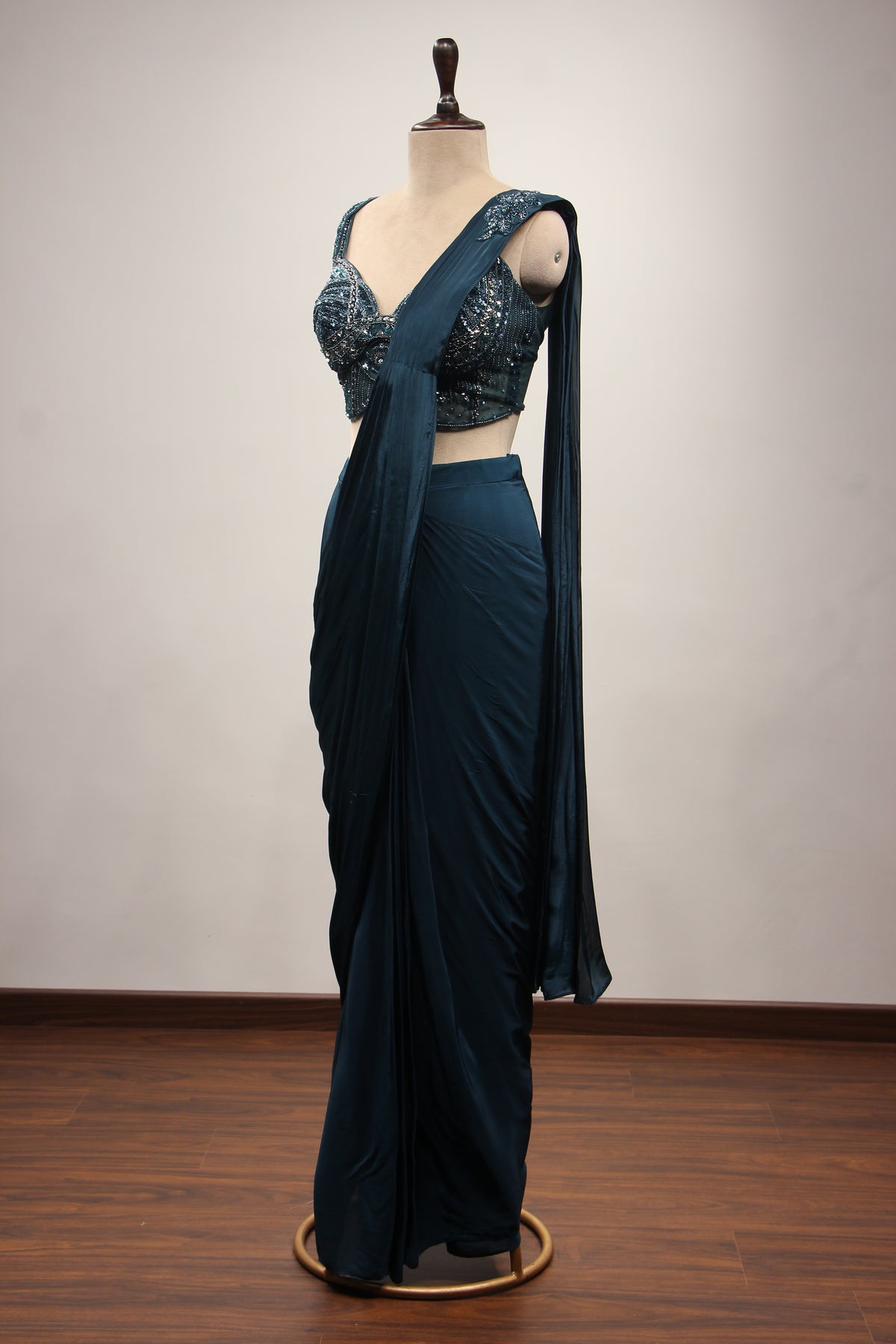 Crepe Dusty Blue Drape Saree with Cut Dana & Sequin Handwork