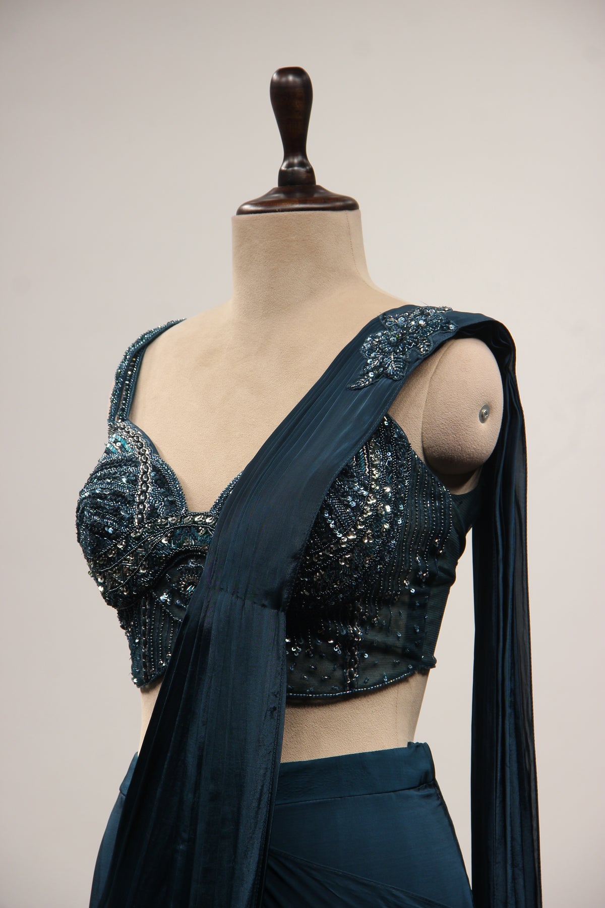 Crepe Dusty Blue Drape Saree with Cut Dana & Sequin Handwork
