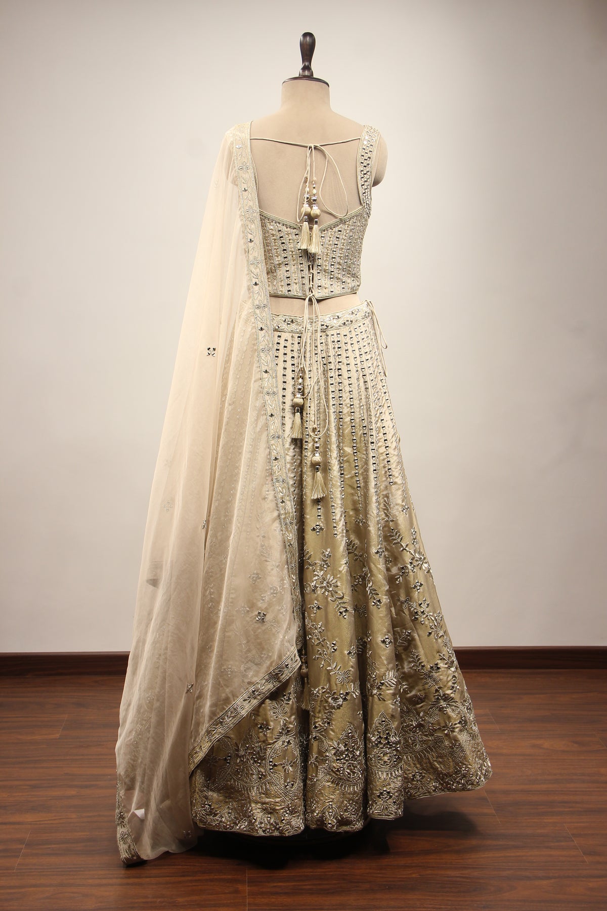 Grey Tissue Lehenga with Mirror & Zari Handwork Sweetheart Corset – back view