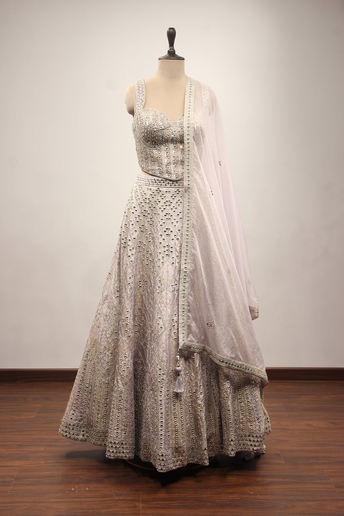 Lilac Shimmer Tissue Corset Lehenga with Mirror & Sequin Handwork – front view