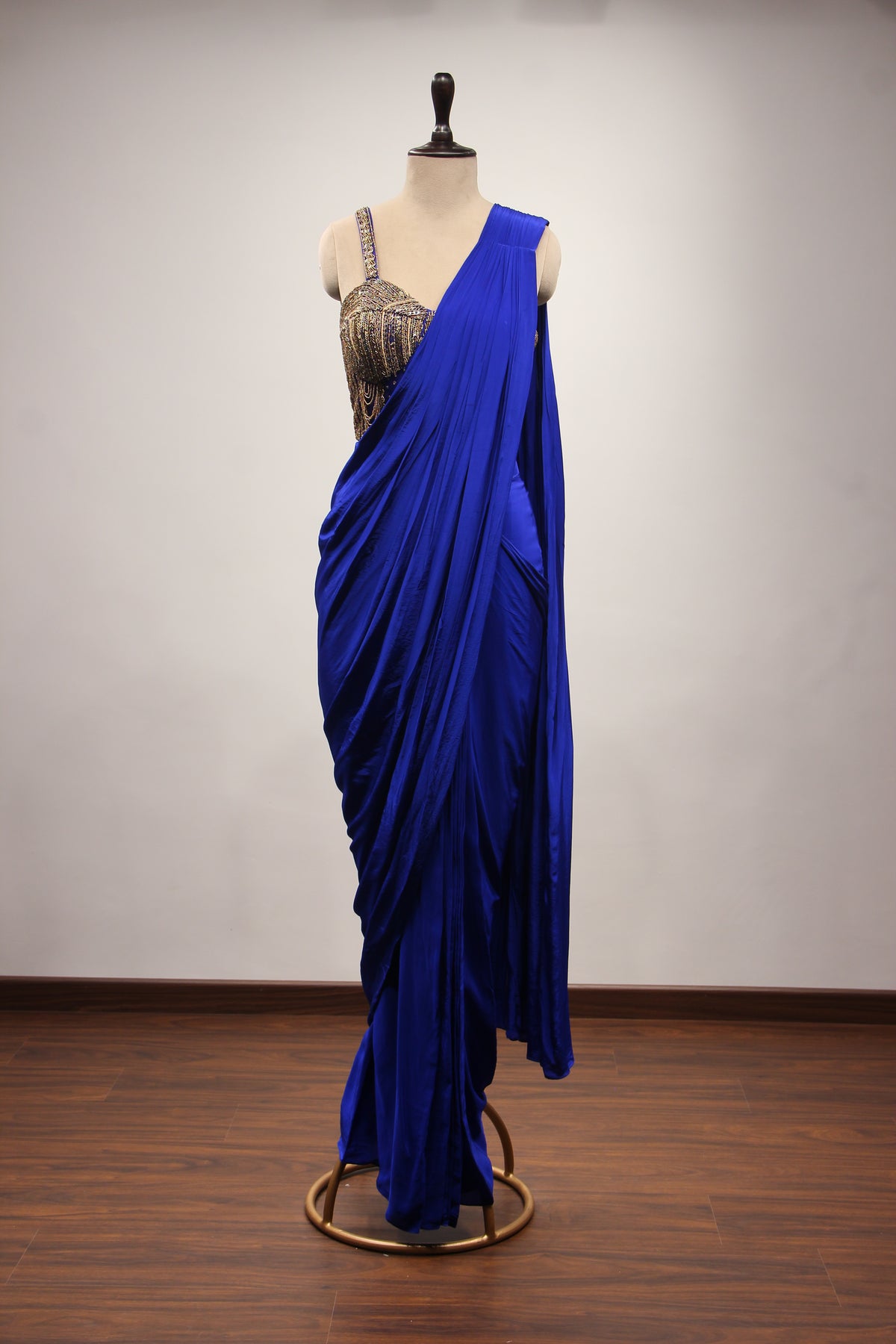 Crepe Electric Blue Drape Saree with Cut Dana & Zardozi Handwork