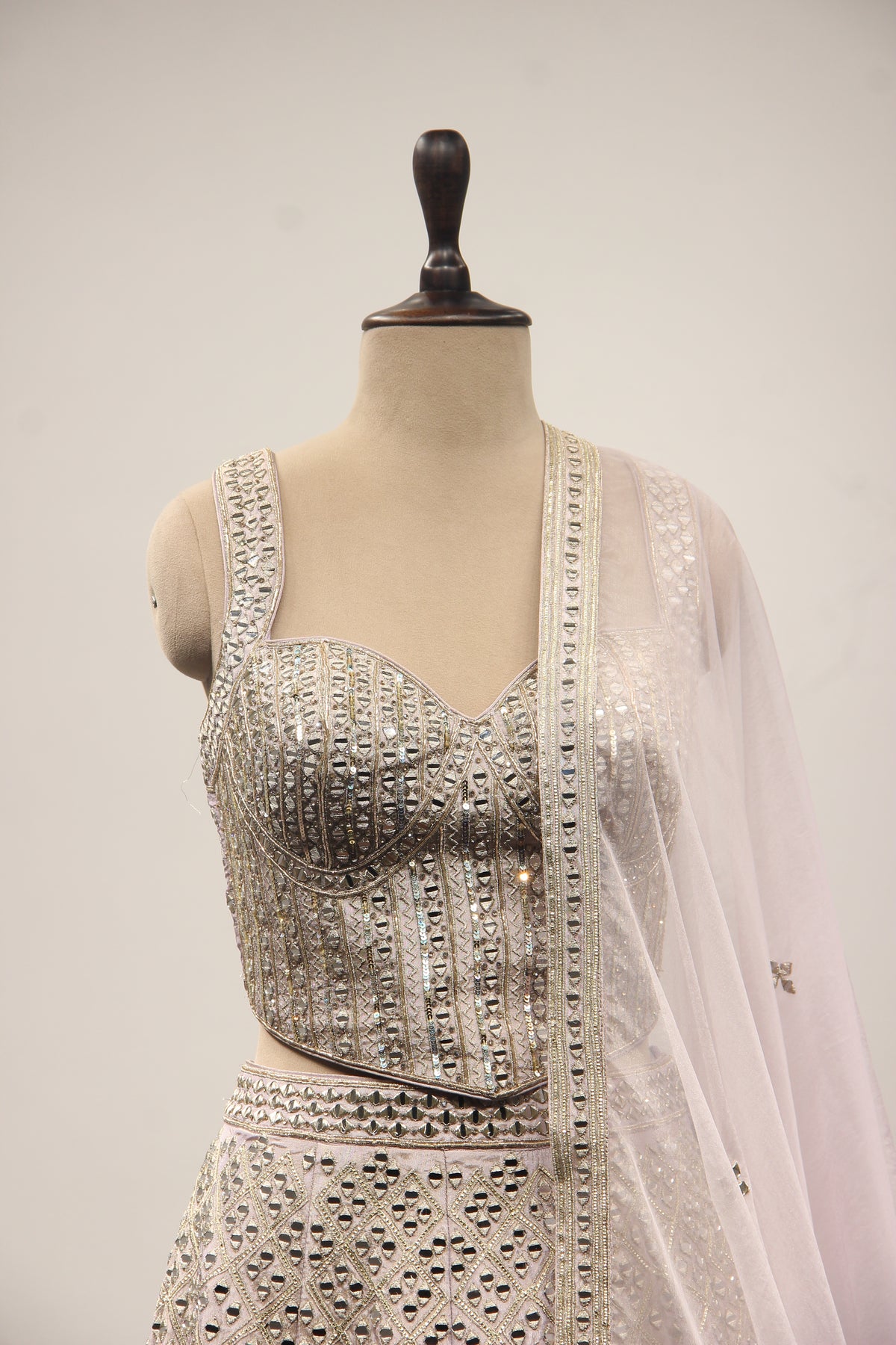 Lilac Shimmer Tissue Corset Lehenga with Mirror & Sequin Handwork – front close-up