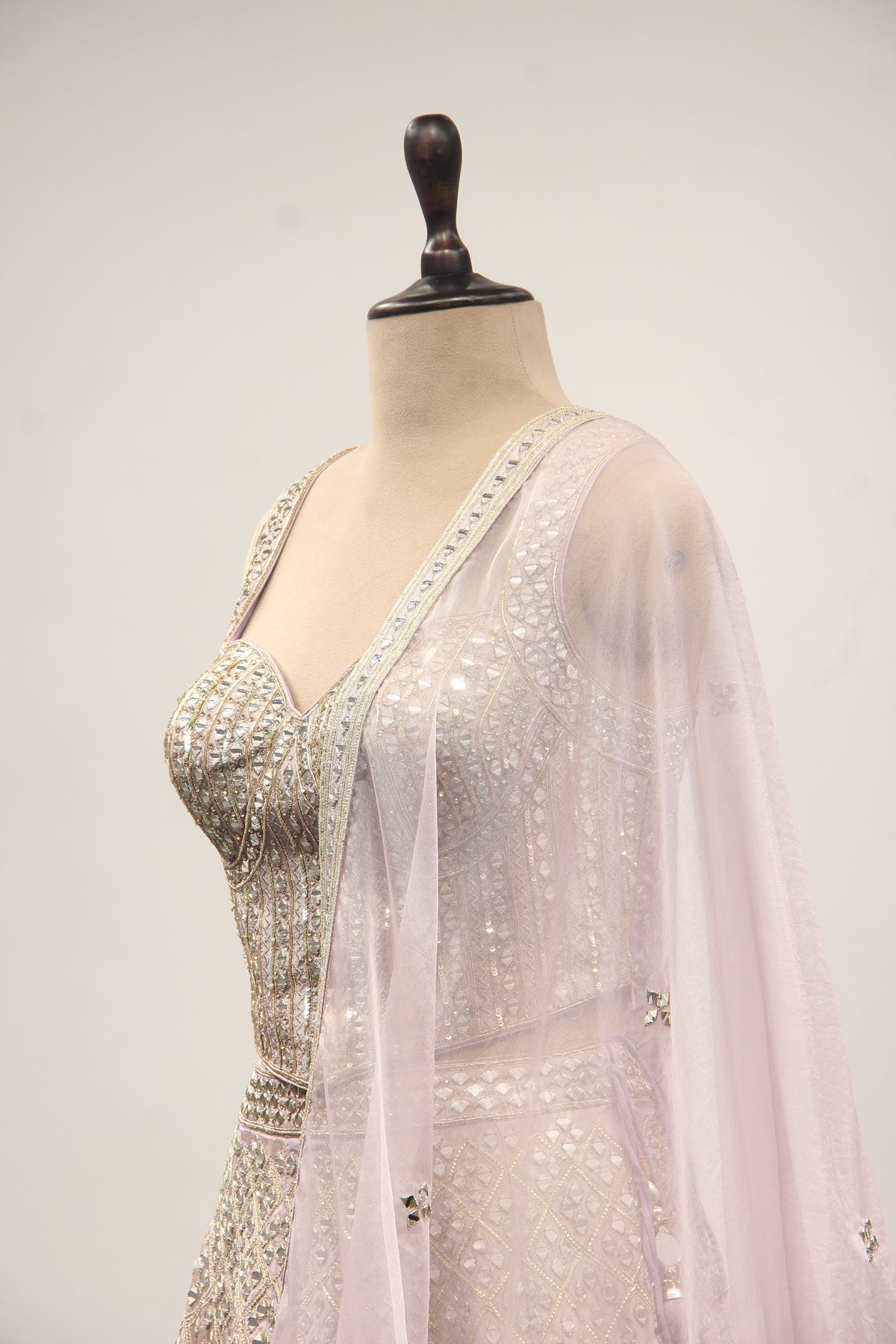 Lilac Shimmer Tissue Corset Lehenga with Mirror & Sequin Handwork – side close-up