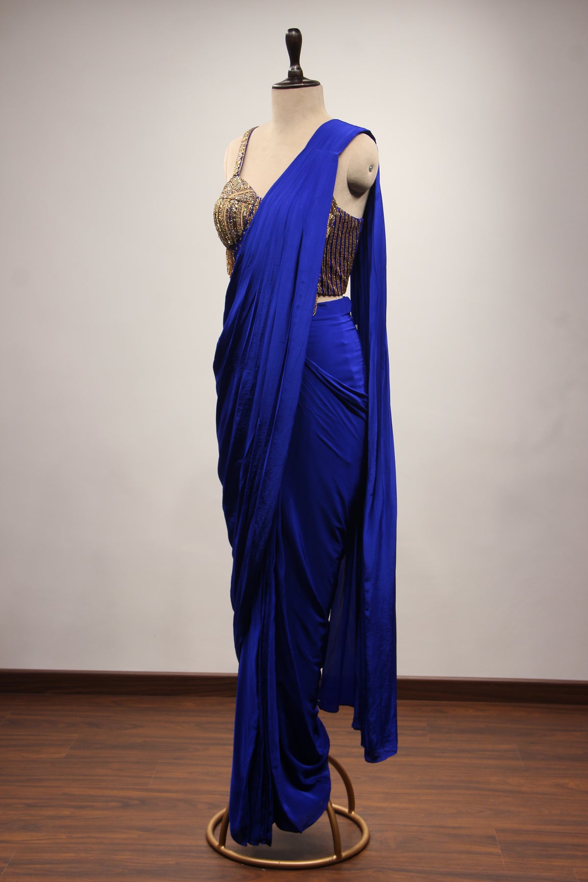Crepe Electric Blue Drape Saree with Cut Dana & Zardozi Handwork