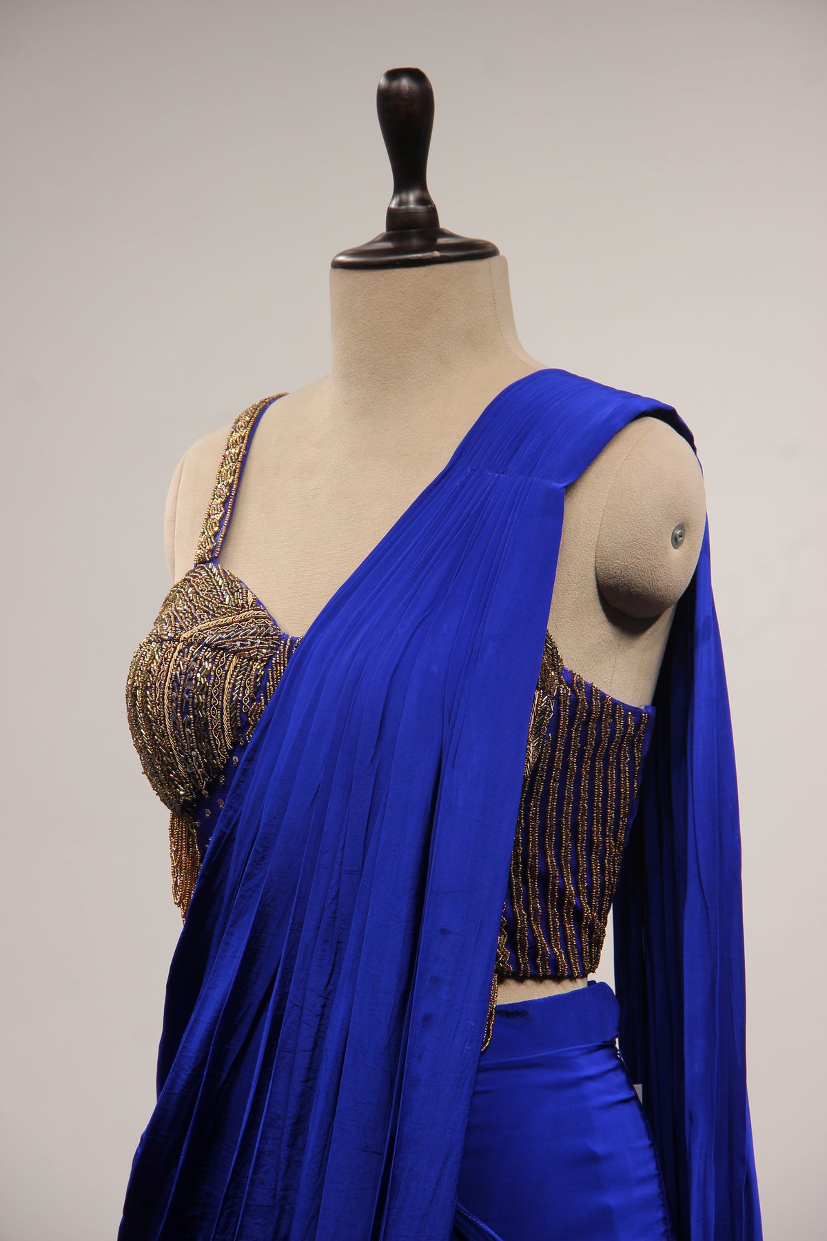 Crepe Electric Blue Drape Saree with Cut Dana & Zardozi Handwork
