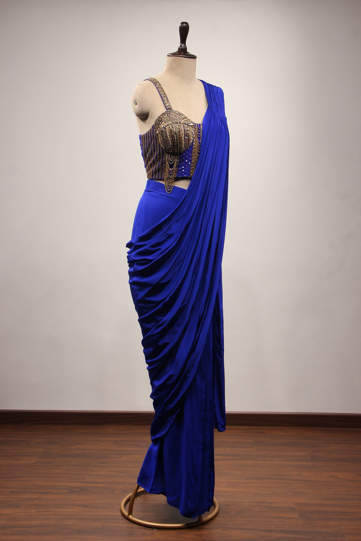 Crepe Electric Blue Drape Saree with Cut Dana & Zardozi Handwork