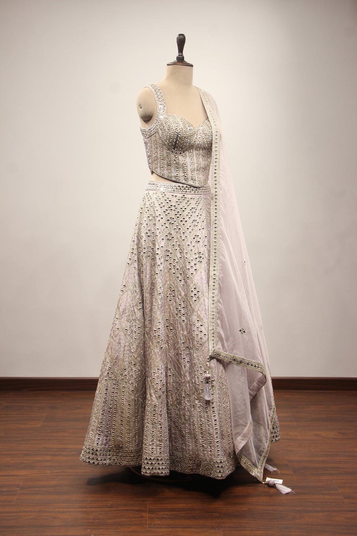 Lilac Shimmer Tissue Corset Lehenga with Mirror & Sequin Handwork – other side view