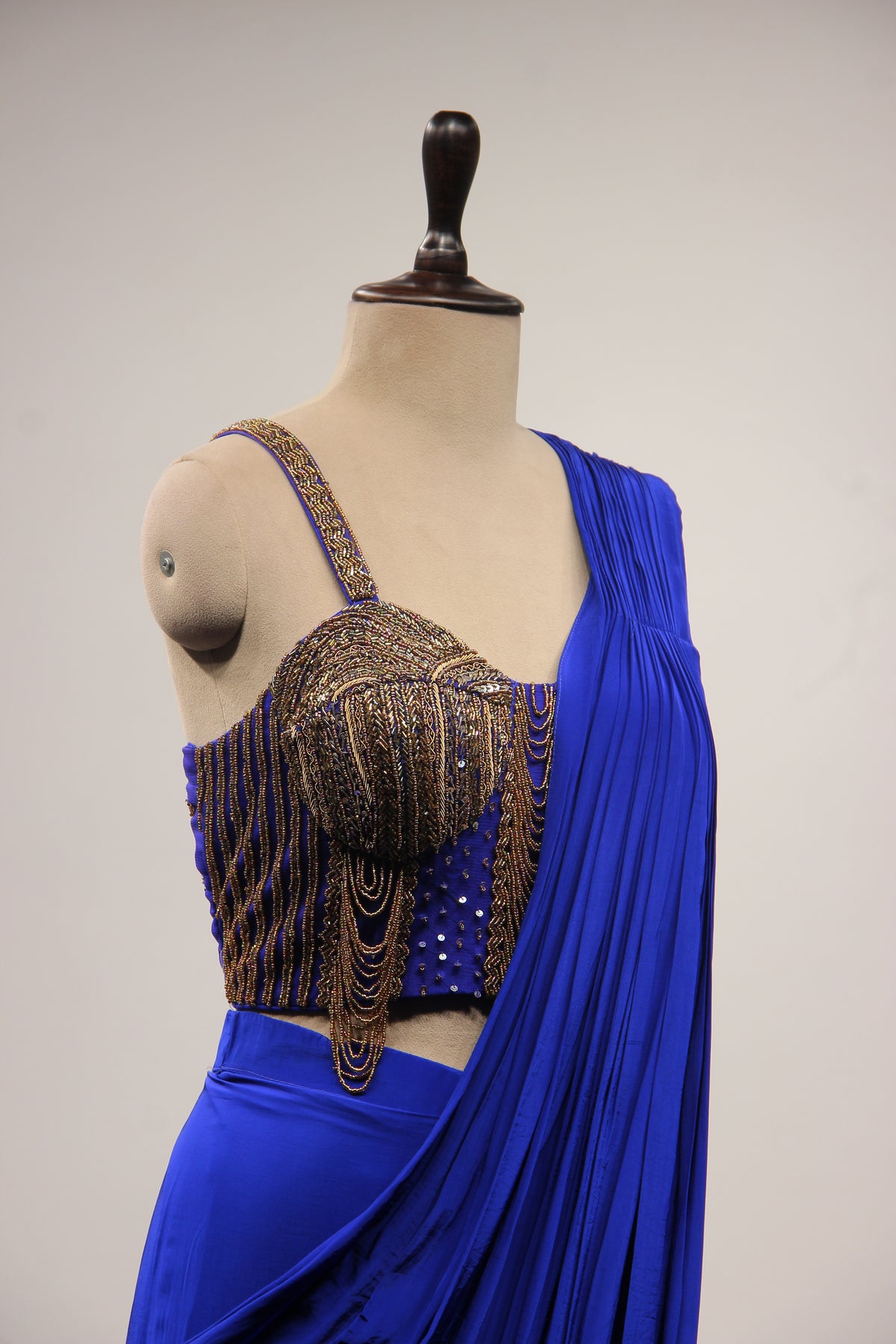 Crepe Electric Blue Drape Saree with Cut Dana & Zardozi Handwork