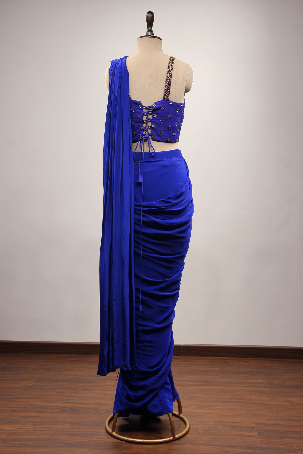 Crepe Electric Blue Drape Saree with Cut Dana & Zardozi Handwork