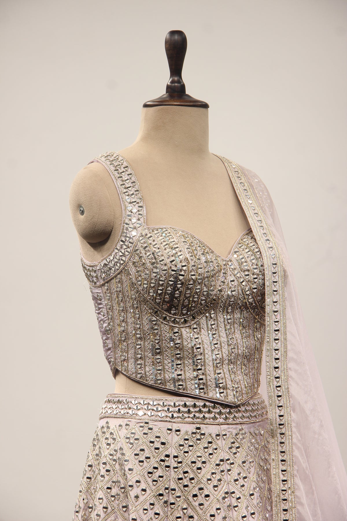 Lilac Shimmer Tissue Corset Lehenga with Mirror & Sequin Handwork – other side close-up