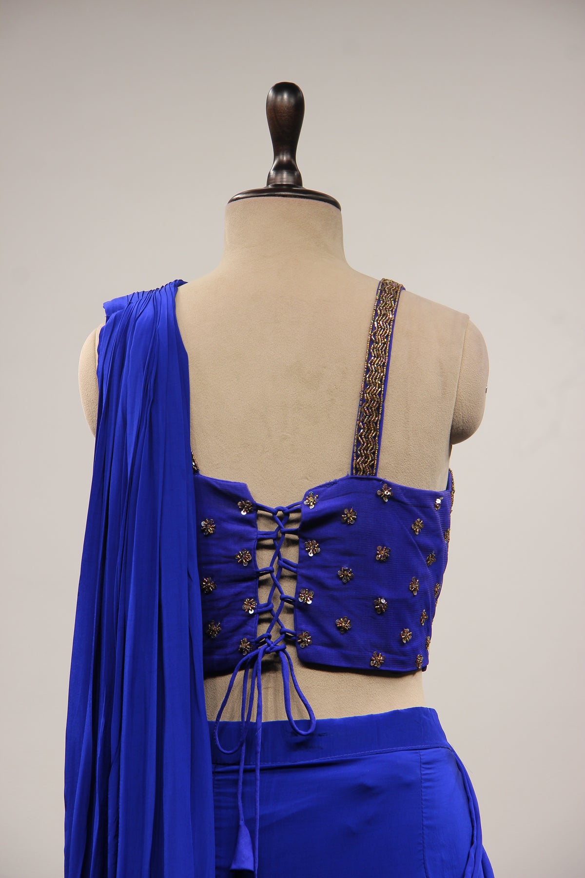 Crepe Electric Blue Drape Saree with Cut Dana & Zardozi Handwork