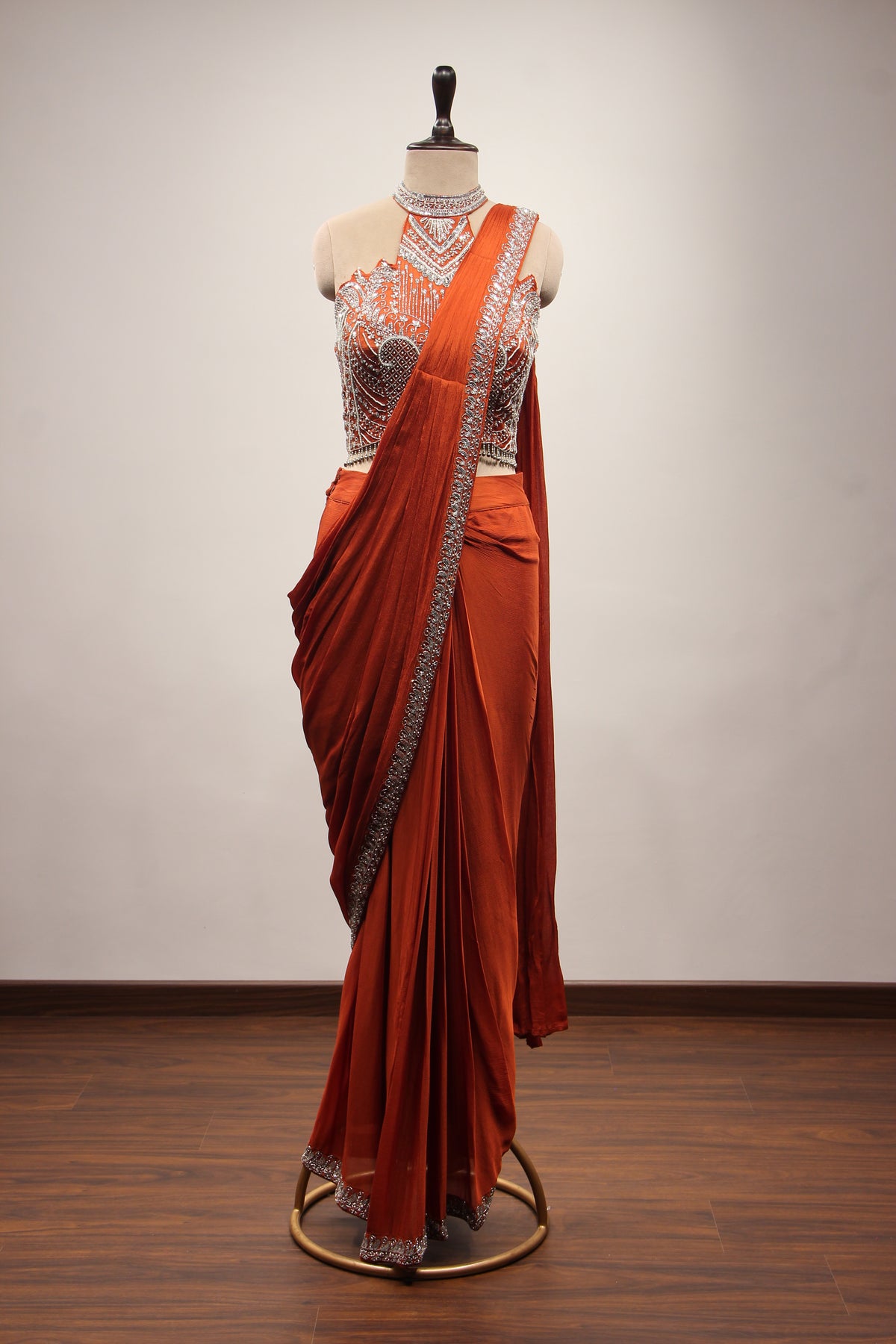 Crepe Ready-to-Wear Drape Saree with Cut Dana & Bead Handwork in Orange – front view