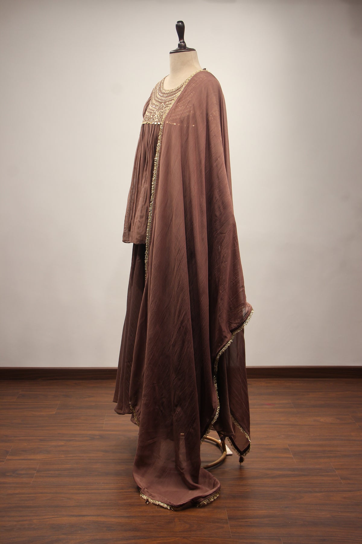 Chanderi Peplum Sharara Suit with Sequin & Zari Handwork Yoke in Brown – side view