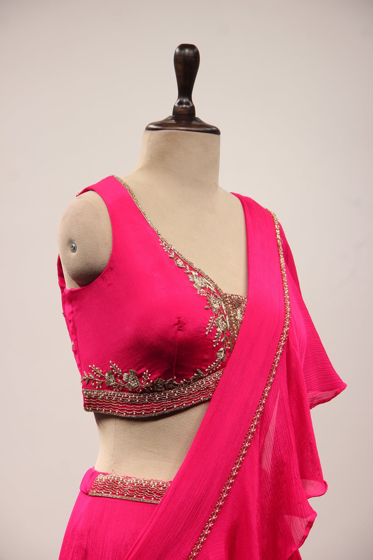 Crepe Ruffle Drape Saree with Zardozi & Bead Handwork V-Neck Crop Top in Pink – other side close-up