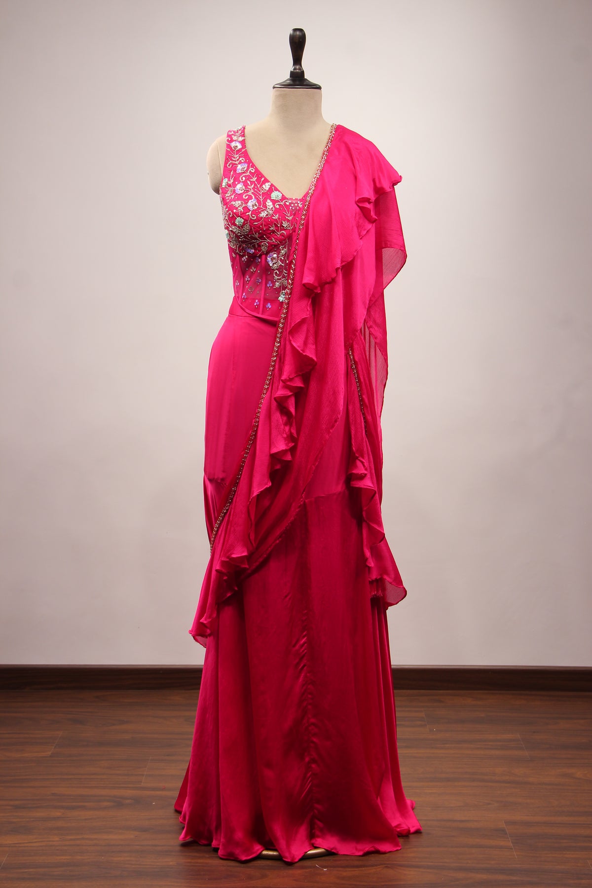Rani Satin Ready-to-Wear Drape Saree with Sequin & Stone Handwork
