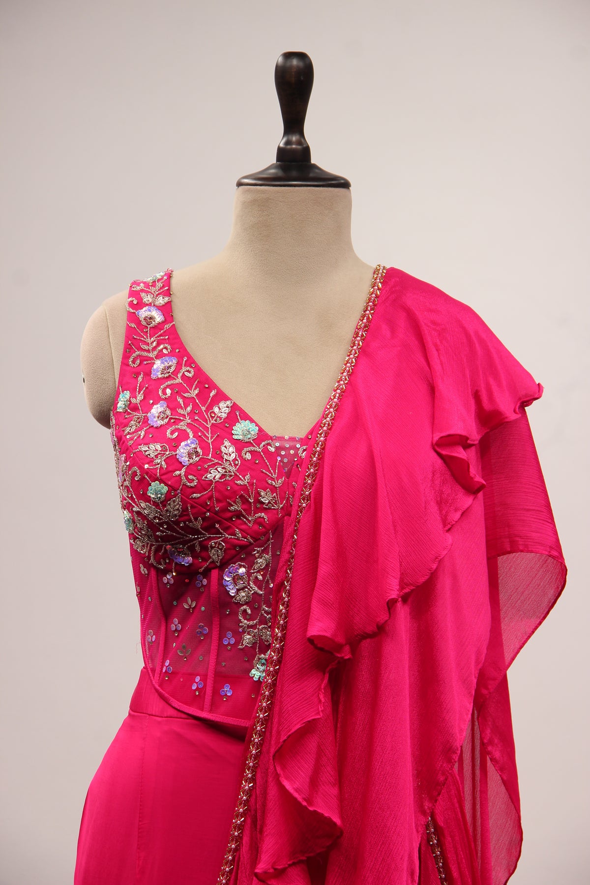 Rani Satin Ready-to-Wear Drape Saree with Sequin & Stone Handwork