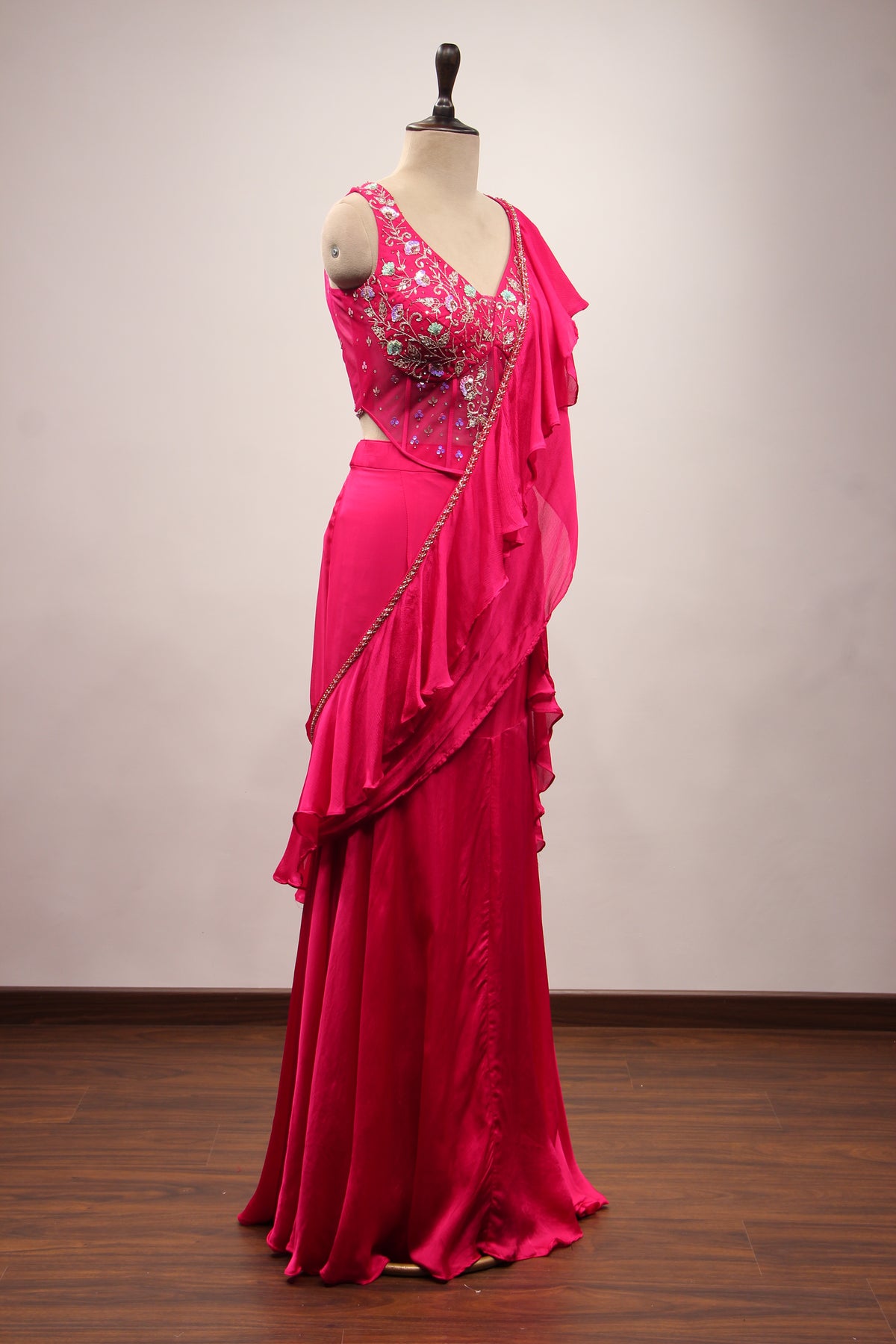 Rani Satin Ready-to-Wear Drape Saree with Sequin & Stone Handwork