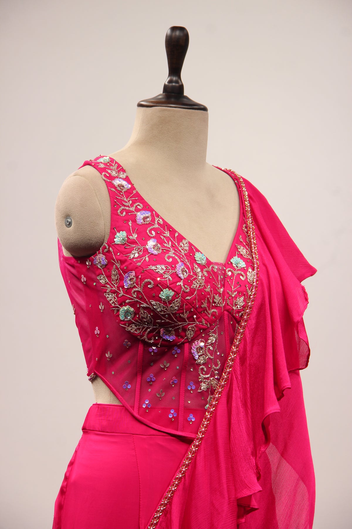 Rani Satin Ready-to-Wear Drape Saree with Sequin & Stone Handwork