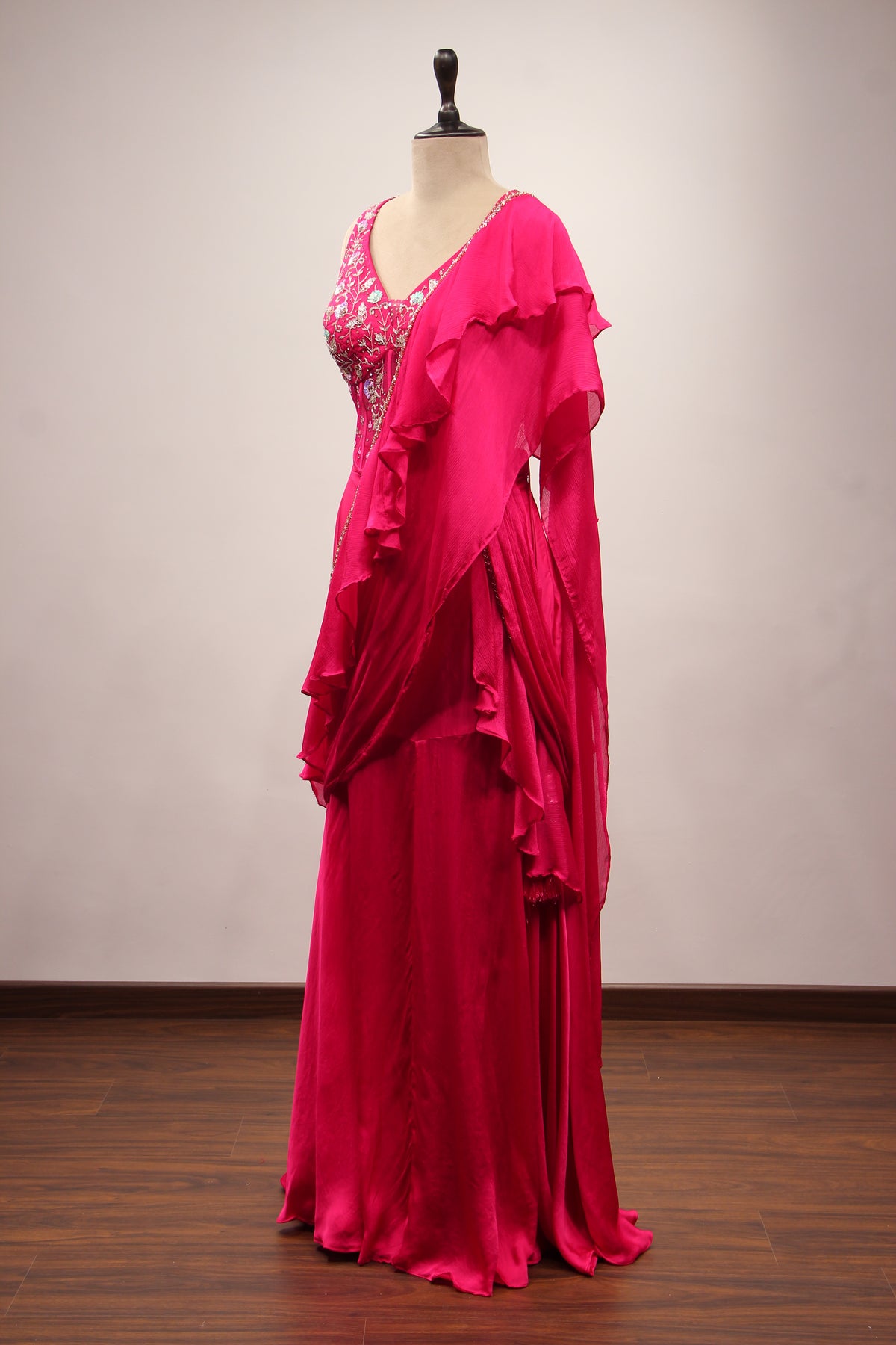 Rani Satin Ready-to-Wear Drape Saree with Sequin & Stone Handwork