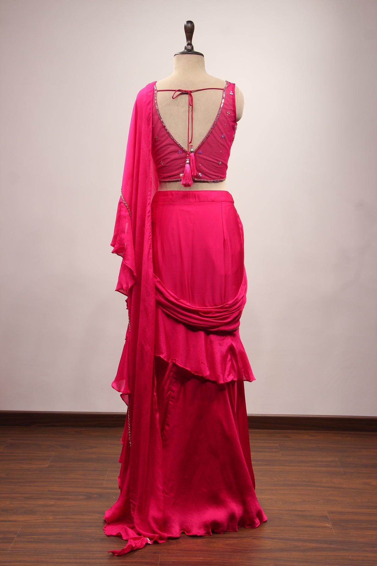 Rani Satin Ready-to-Wear Drape Saree with Sequin & Stone Handwork
