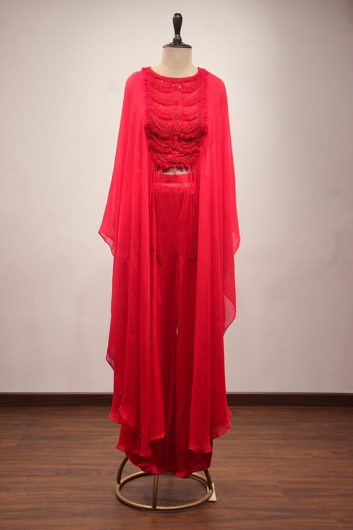 Red Organza Kaftan Palazzo Indo Western with Resham & Sequin Handwork – front view