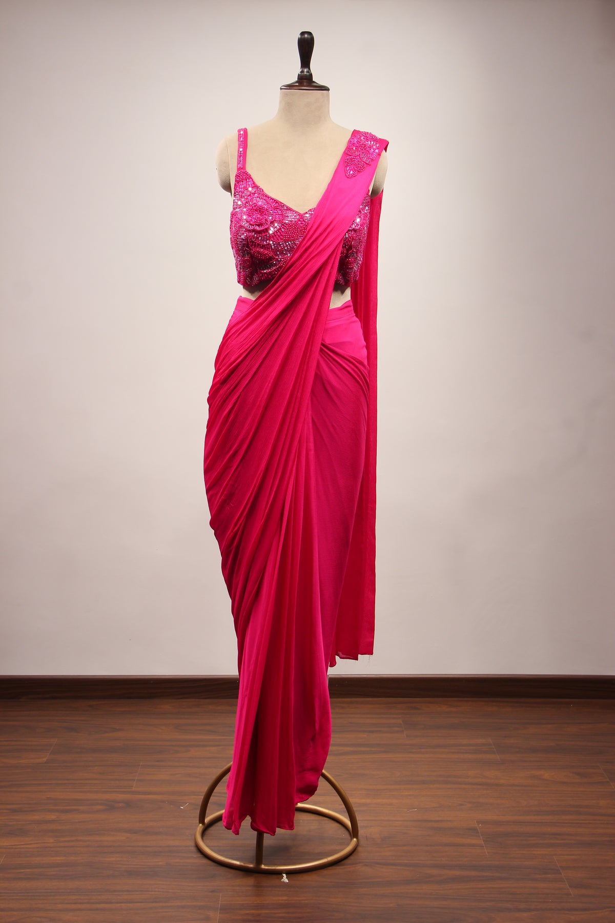 Crepe Ready-to-Wear Drape Saree with Bead & Cut Dana Handwork