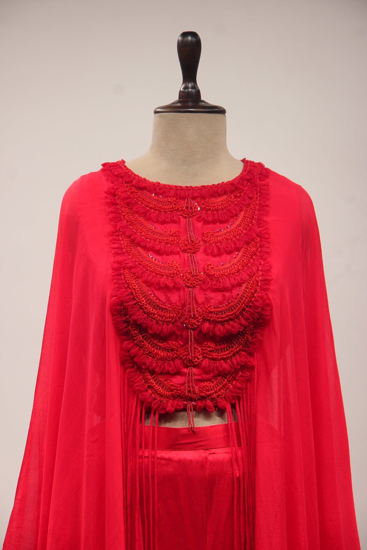 Red Organza Kaftan Palazzo Indo Western with Resham & Sequin Handwork – front close-up