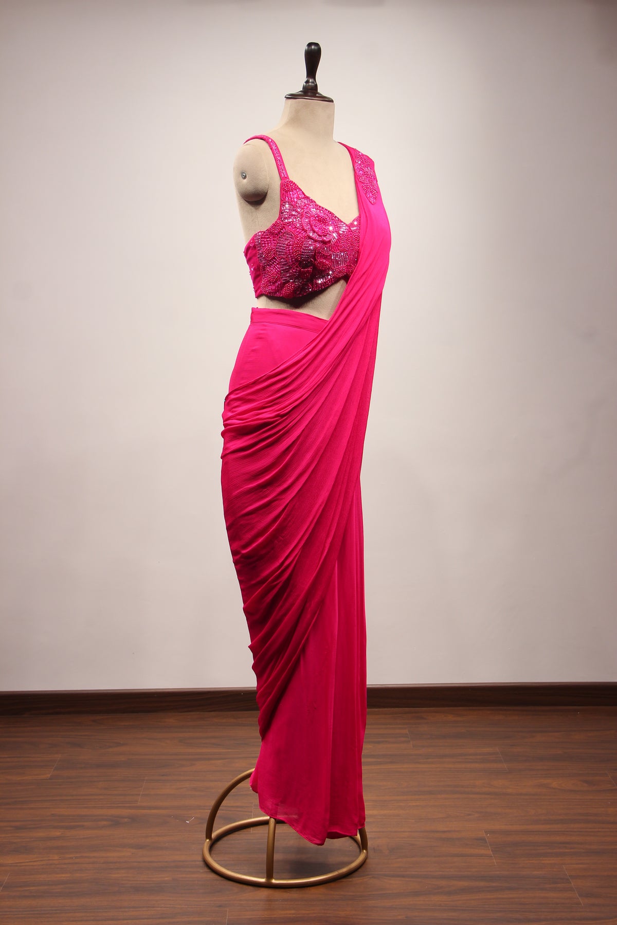 Crepe Ready-to-Wear Drape Saree with Bead & Cut Dana Handwork