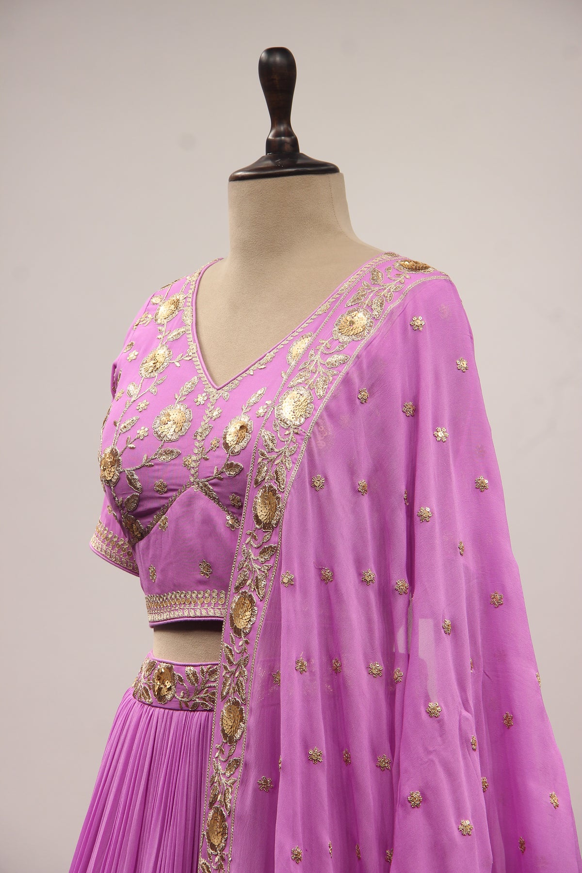 Georgette Crop Top Lehenga with Hand Embroidery & Zari Handwork in Purple – side close-up