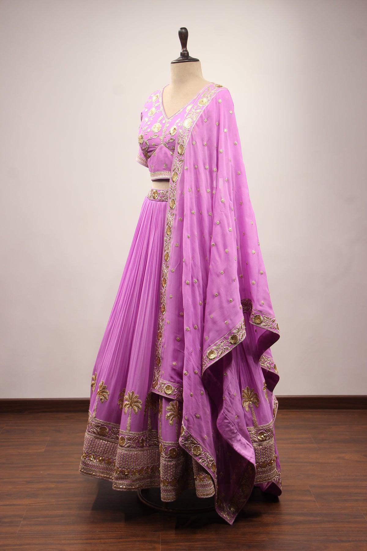 Georgette Crop Top Lehenga with Hand Embroidery & Zari Handwork in Purple – side view