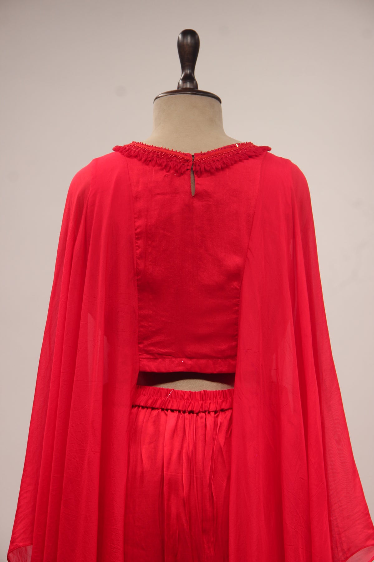 Red Organza Kaftan Palazzo Indo Western with Resham & Sequin Handwork – back close-up