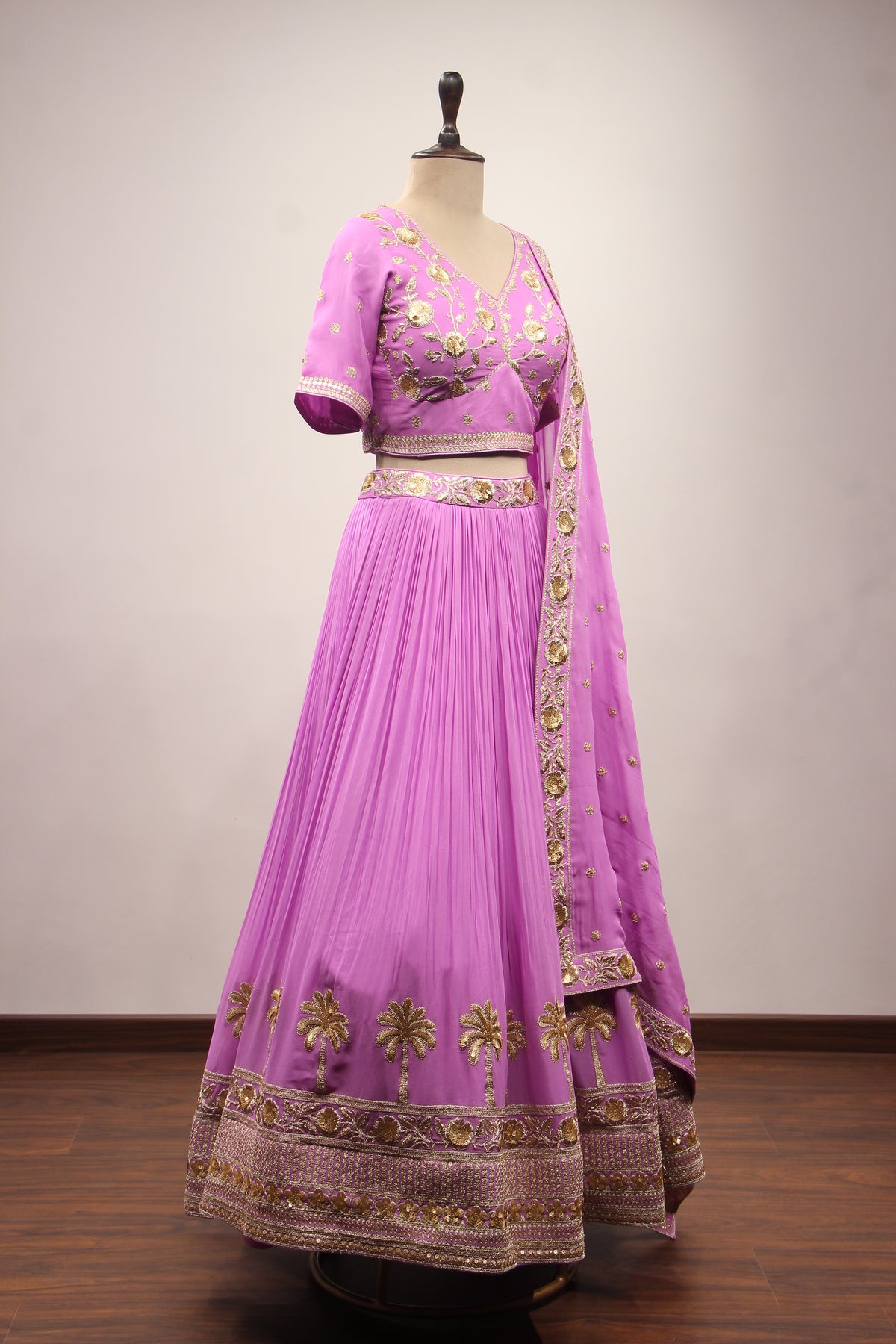 Georgette Crop Top Lehenga with Hand Embroidery & Zari Handwork in Purple – other side view