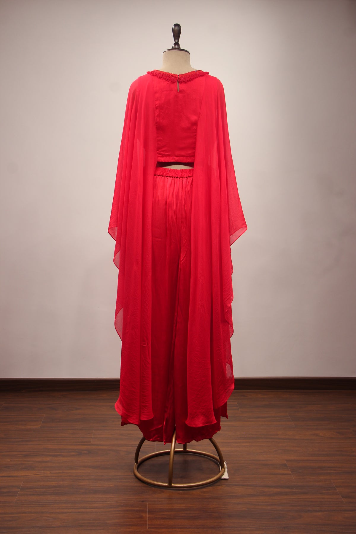 Red Organza Kaftan Palazzo Indo Western with Resham & Sequin Handwork – back view