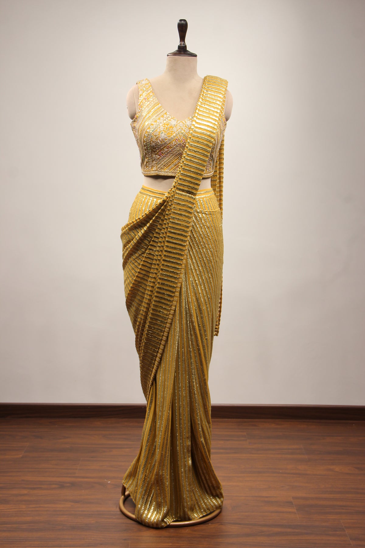 Yellow Georgette Ready-to-Wear Drape Saree with Bead & Cut Dana Handwork