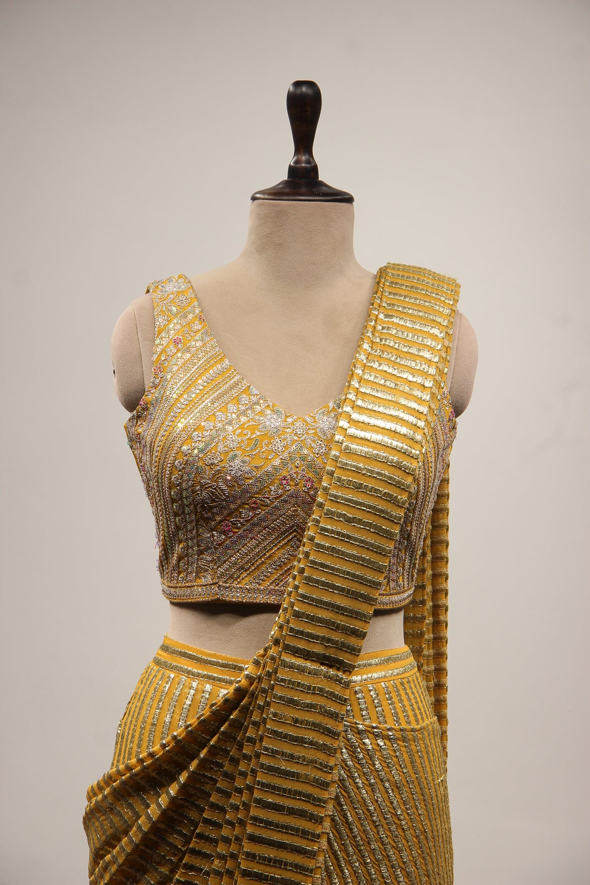 Yellow Georgette Ready-to-Wear Drape Saree with Bead & Cut Dana Handwork