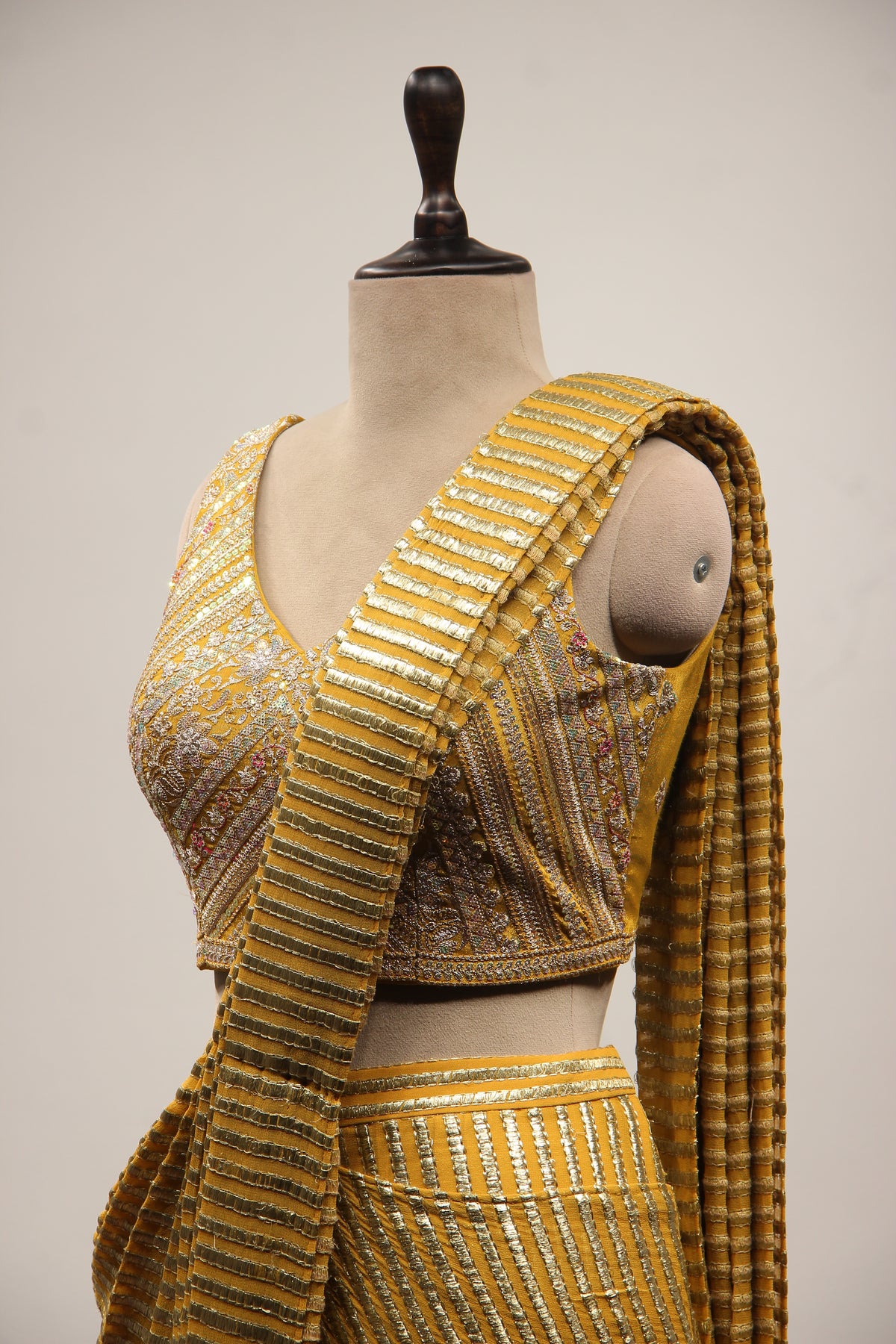 Yellow Georgette Ready-to-Wear Drape Saree with Bead & Cut Dana Handwork