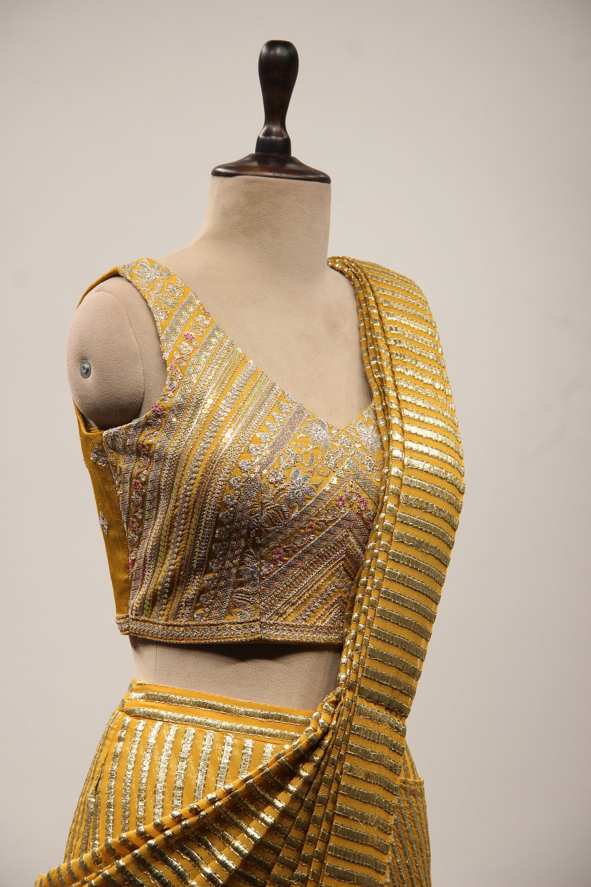 Yellow Georgette Ready-to-Wear Drape Saree with Bead & Cut Dana Handwork
