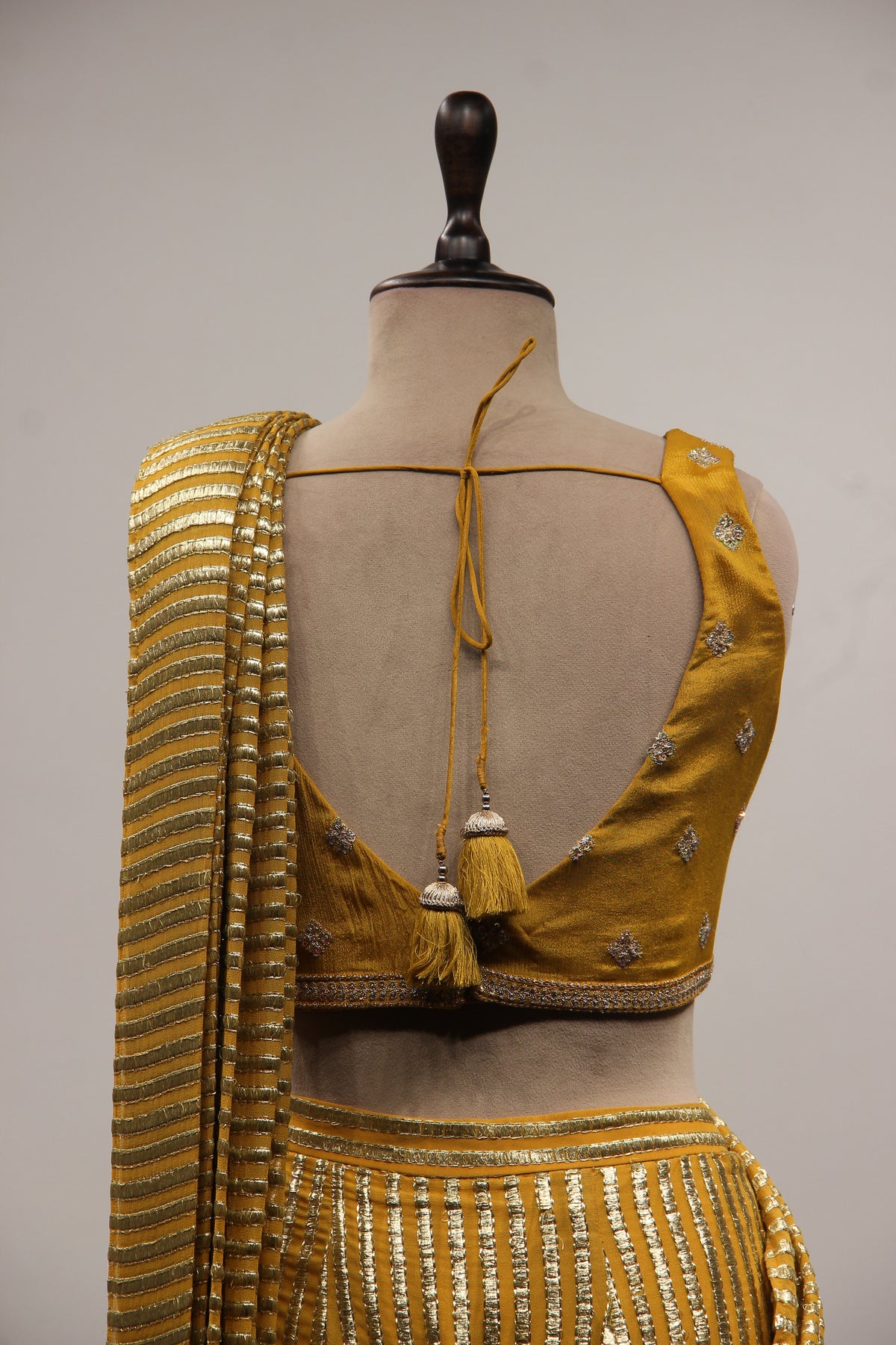 Yellow Georgette Ready-to-Wear Drape Saree with Bead & Cut Dana Handwork